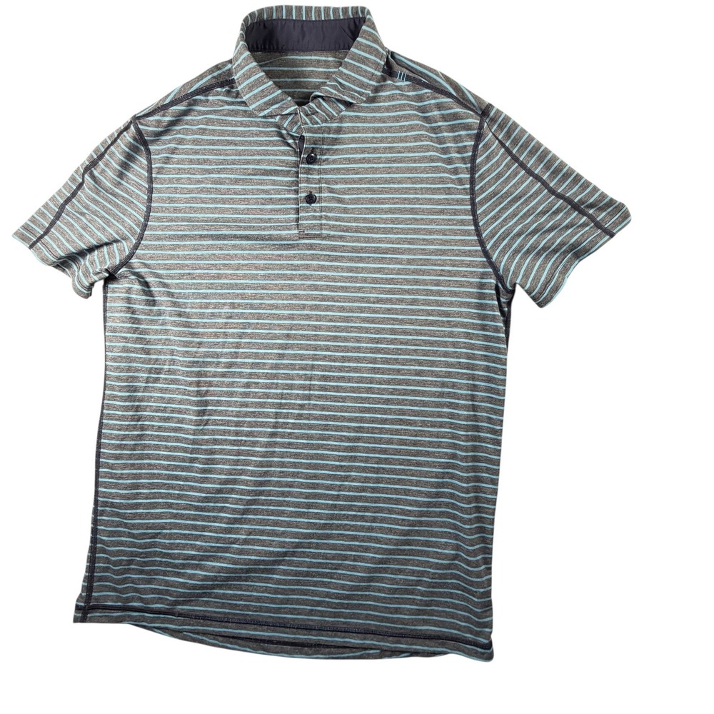 Lululemon Metal Vent Tech Polo Men Medium Grey Blue Stripe Excellent Athletic